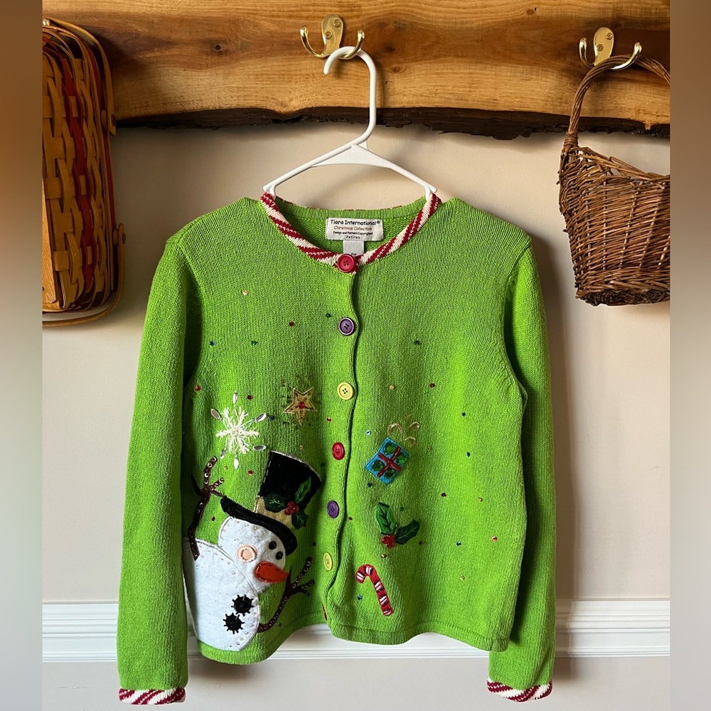 Vintage Tiara International Christmas Grinch Green Snowman Sweater PM Medium